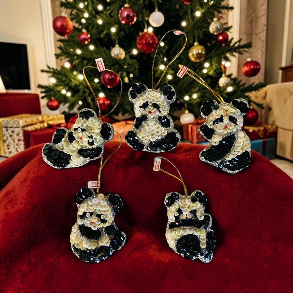 VINTAGE Sequin Beaded Black White Panda Bear China Christmas Tree Xmas Ornaments